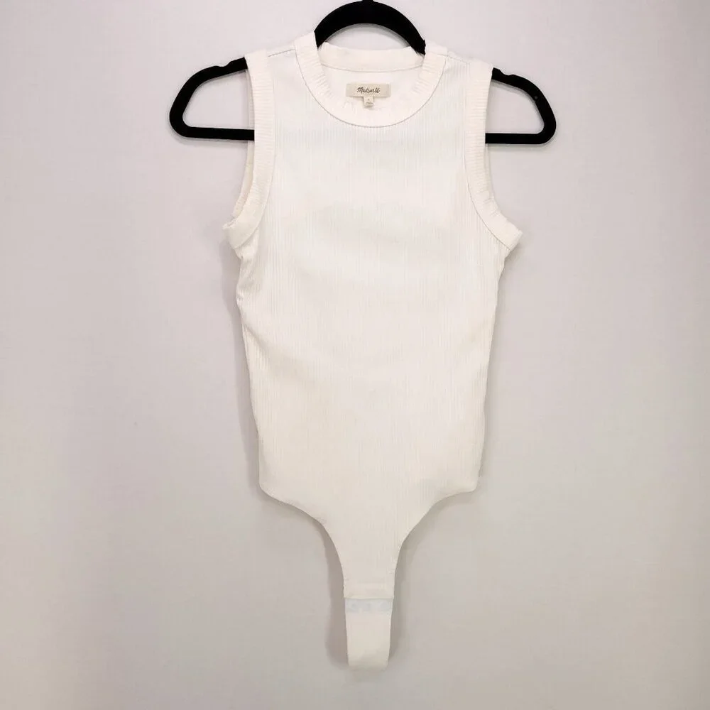 Madewell Tank Bodysuit Cutout Back Thong Ribbed Ivory Small Double Snap Closure - Picture 2 of 14